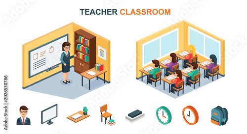 Photos A vibrant classroom setting with a teacher instructing students and various educ