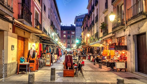 Evening street scene with shops awnings and ambient illumination