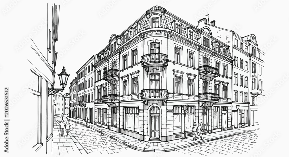 Obraz premium European City Street Corner Architecture Sketch Vector Illustration