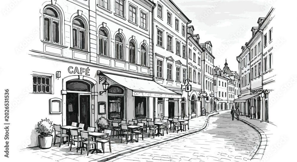 Obraz premium Hand drawn vector sketch of European street cafe and architecture