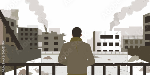 Konstfotografi Post apocalyptic cityscape illustration with a person looking out