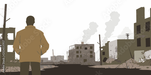 Schilderij op canvas Post apocalyptic cityscape illustration with figure somber and desolate