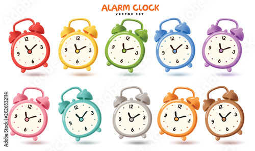 Bild auf Leinwand Vibrant Colorful Alarm Clock Vector Illustration Set Isolated On White Backgroun