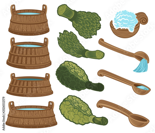 Set of sauna accessories including wooden buckets, birch brooms and ladles. Flat style vector on white. Perfect for spa design, wellness branding, bathhouse icons and traditional sauna concepts.