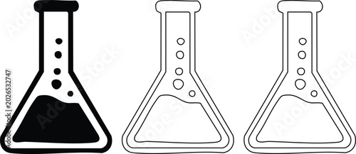 Foto Collection of lab equipment icons including round bottom flasks conical flasks and droppers with liquid and bubbles in monochrome for science and education