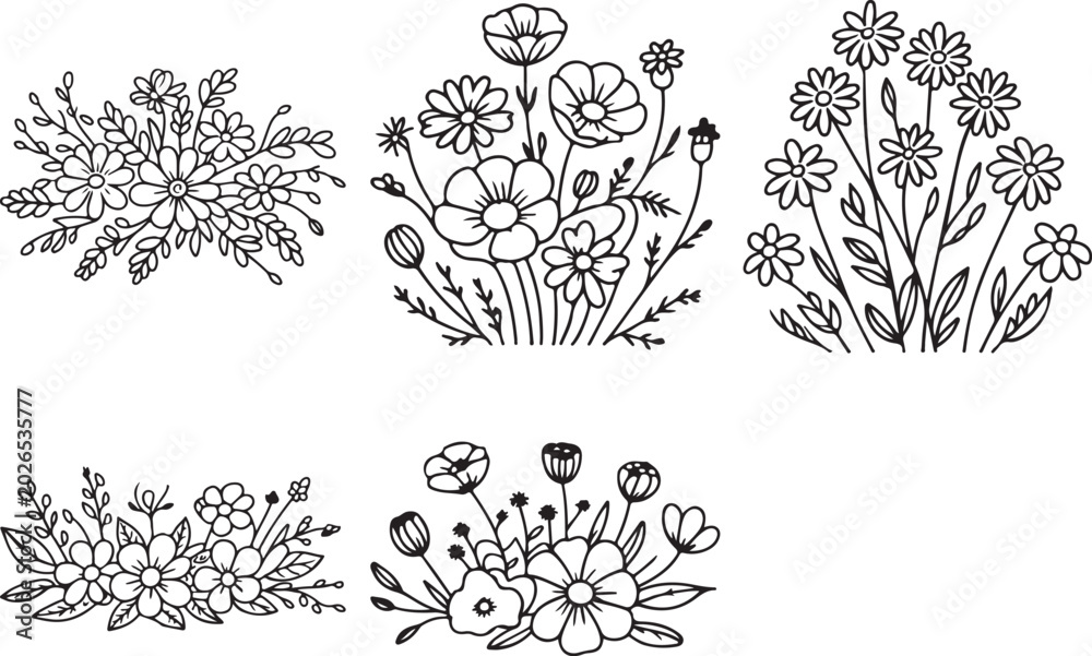 Fototapeta premium Wildflowers Blooms Design Set Bundle