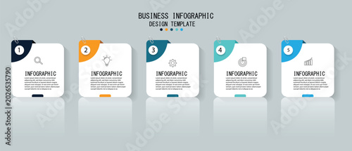 Business infographic template design with note papers 5 step or option. Can be used for info graphics, flow charts, presentations, web sites, banners, label template with icons.