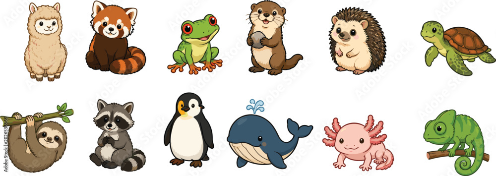 Naklejka premium Friendly Cartoon Animal Pack Featuring Alpaca, Red Panda, Frog, Otter, Hedgehog, Turtle, Sloth, Raccoon, Penguin, Whale, Axolotl, and Chameleon for Fun Kids’ Projects