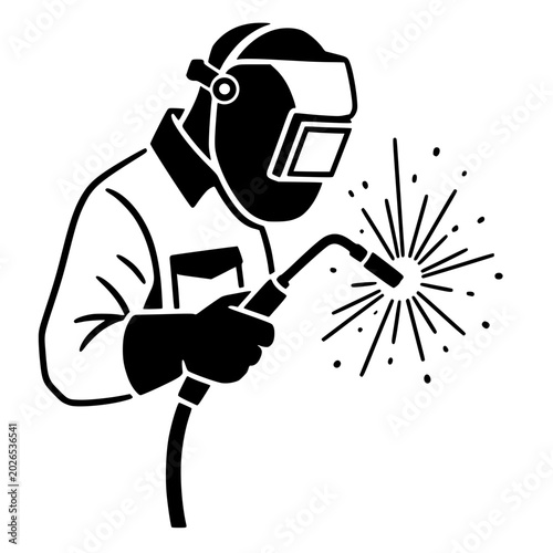 Foto Solid black vector line art illustration of a professional welder in a protective mask and heavy gloves using a MIG torch welding gun with bright sparks flying out