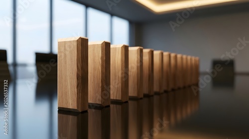 Row of wooden dominoes standing on a reflective conference table.