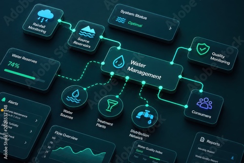 Intelligent Water Management System Interface Showcasing Flow, Data, and Network Connectivity