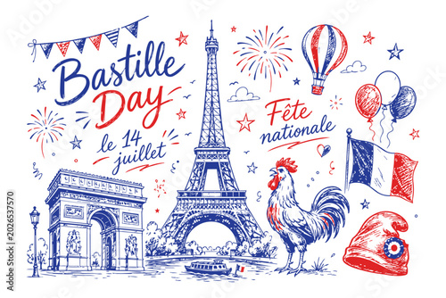 Bastille Day celebration with Eiffel Tower and French symbols.
