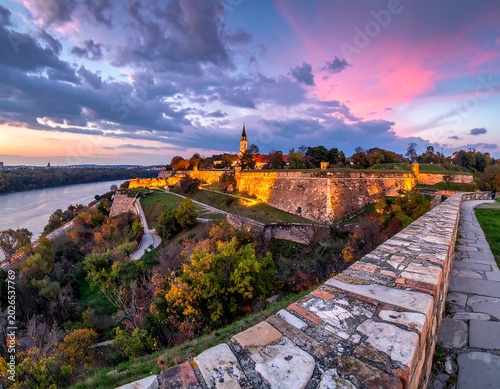 Evening view of fortress with colorful sky and water reflections