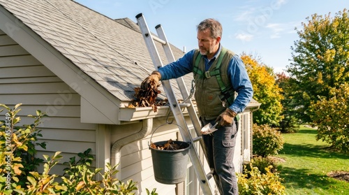 A man is cleaning out gutters on a house. He is using a ladder and a bucket to collect the debris.