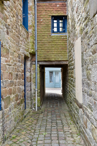 Pedestrian Alley with an Underpass beneath the Overgate of Bridge-Linked Houses in French Village