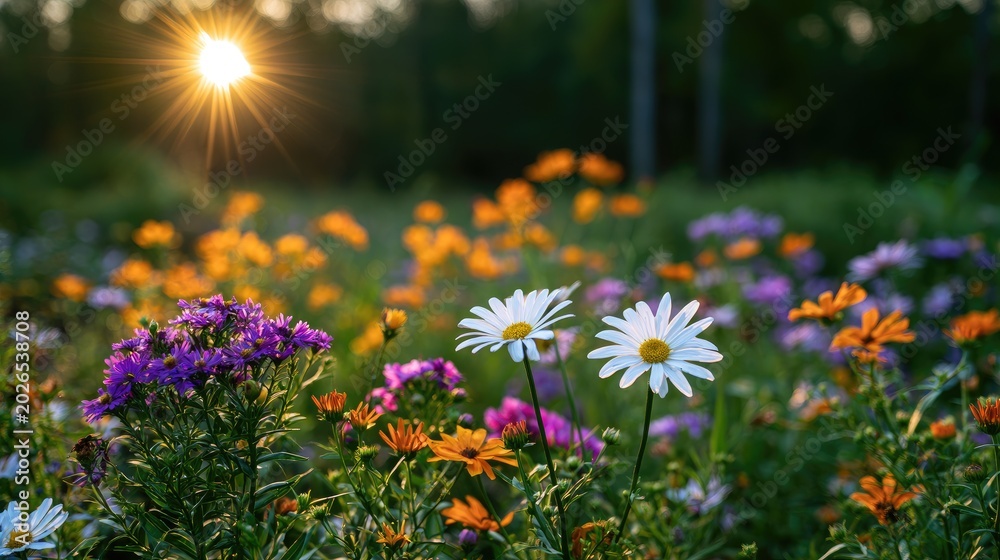 Obraz premium Golden sunbeams illuminate a vibrant field of colorful wildflowers at dawn