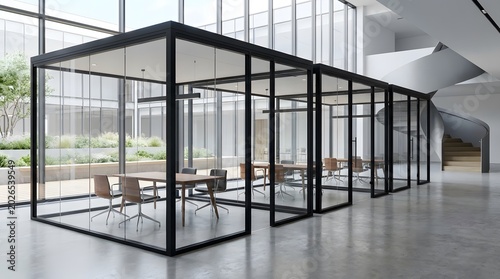 Modern glass office meeting pods in contemporary business headquarters interior.