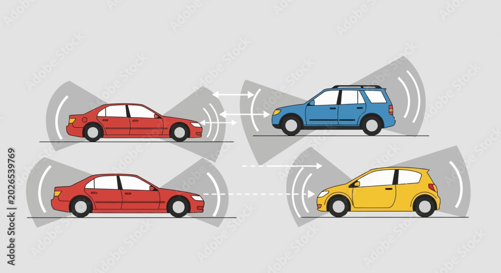 Naklejka premium Autonomous Cars in Communication: Illustration of Sensor Technology