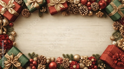 Festive Christmas Gifts and Ornaments Clustered in Elegant Layout