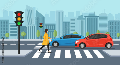 Woman walking at pedestrian crossing, city street with cars, urban traffic