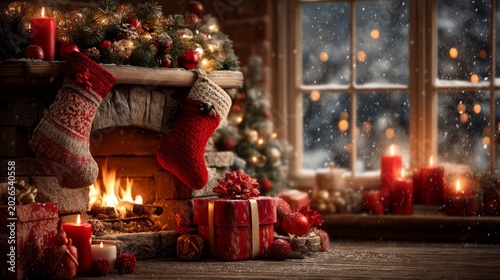 Cozy Christmas Interior with Stockings by the Decorated Fireplace