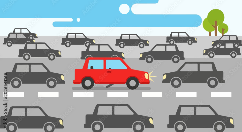 Naklejka premium Red car stands out in traffic jam illustration