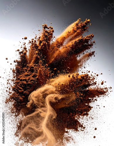Exploding cocoa powder displaying texture and movement against a gradient background