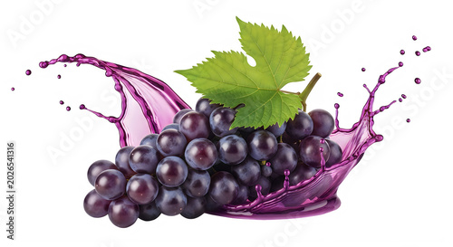 Fresh black grapes with green leaf and water splash isolated on transparent background