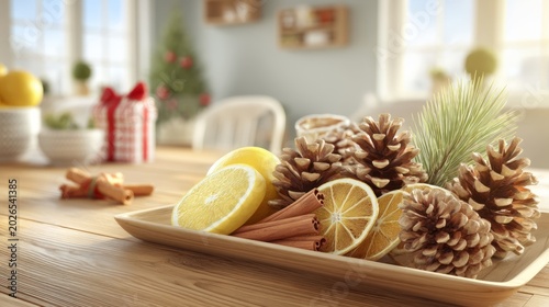 Holiday Centerpiece with Wooden Tray Filled with Natural Decor
