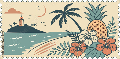 Cuadro en lienzo Tropical island with lighthouse and pineapple palm tree tropical lighthouse pine