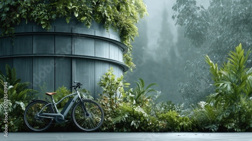 Electric Bicycle Beside Green Modern Building in Lush Urban Garden. Generative AI