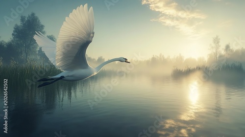 Elegant Swan in Peaceful Morning Nature Scene