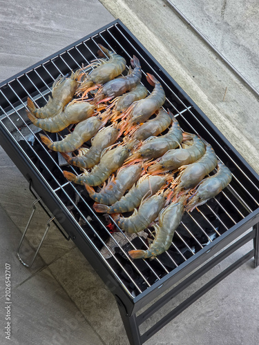 River prawn shrimp grilled on fire party seafood