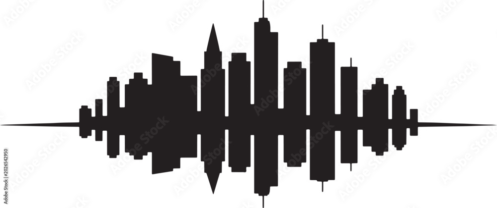 Obraz premium City skyline silhouette with inverted reflection in solid black style on white background