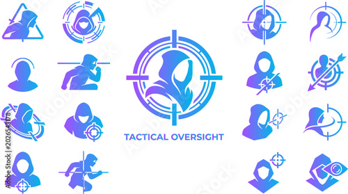 Tableau sur toile Tactical oversight and surveillance icons depicting hooded figures and targeting reticles