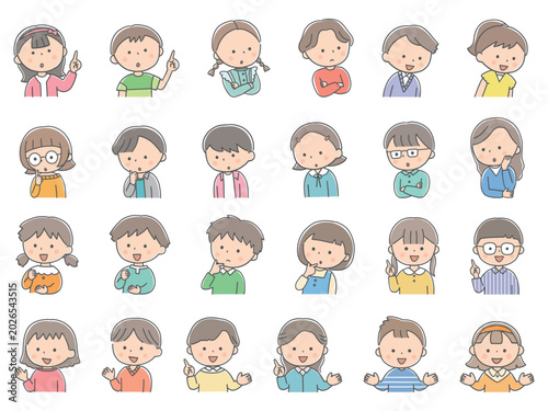 学習する子供たちの表情とポーズセット