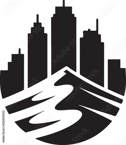 Modern city skyline and mountain landscape icons set in solid and colored styles shapes scenery