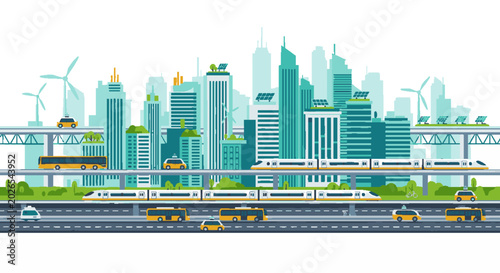Futuristic eco-friendly city skyline with skyscrapers, wind turbines, solar panels, and efficient public transport systems