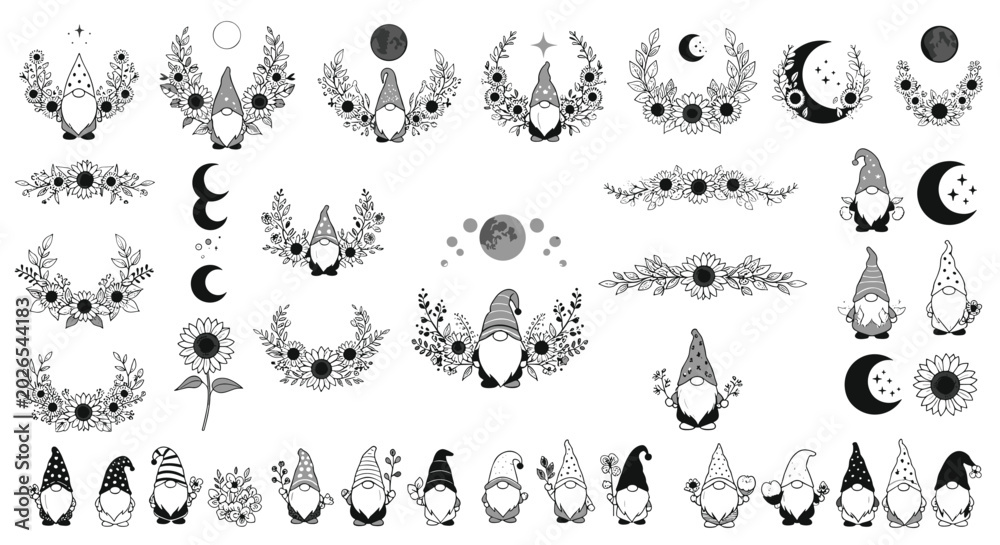 Obraz premium Large collection of mystical gnomes and floral wreaths combined with crescent moons and celestial symbols in a black and white graphic set.