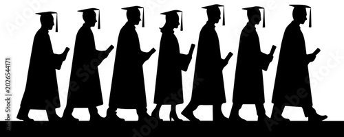 Black Silhouette of Graduating Students in Academic Gowns Walking in a Line Holding Diplomas Vector Illustration Isolated on White Background