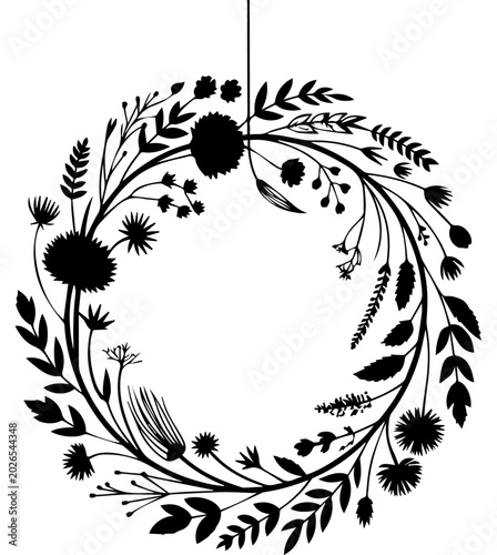 Black Floral Wreath Silhouette Vector Illustration with Wildflowers and Leaves for Botanical Design