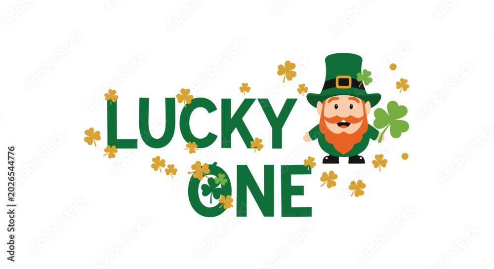 Fototapeta premium Festive St Patricks day graphic featuring the text lucky one and a cheerful leprechaun character surrounded by green and gold shamrocks.