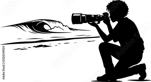 Bild auf Leinwand Silhouette of a photographer with a telephoto lens capturing a large breaking oc