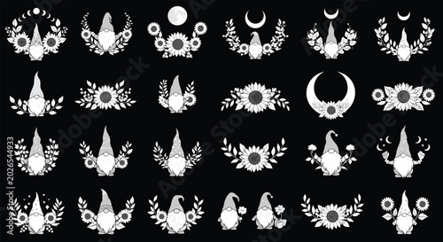 Collection of white floral wreaths and mystical gnome silhouettes arranged symmetrically on a solid black background for high contrast design.