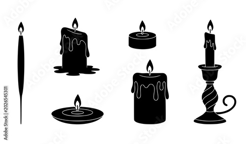 Fotografía Black candle silhouette vector set with burning wax candles in minimalist decora