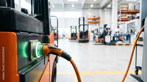 Electric forklift charging inside modern warehouse with industrial equipment and shelving