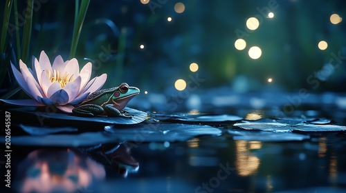 Cute Frog Near Blooming Water Lily Flower
