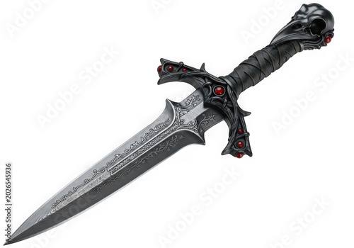 A detailed dark fantasy dagger with an ornate metal handle and sharp blade for gaming and roleplaying game designs