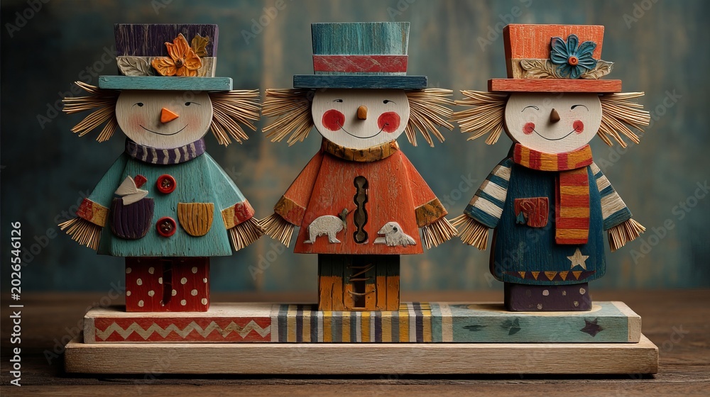 Naklejka premium Three colorful wooden snowmen figurines standing on a decorative base