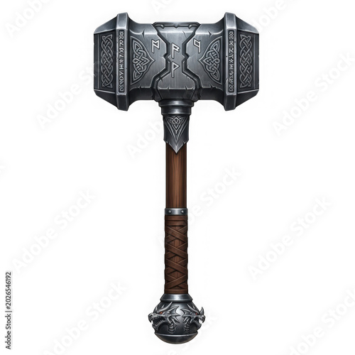 Fantasy war hammer with metal head and wooden handle for role playing games or medieval warrior character equipment